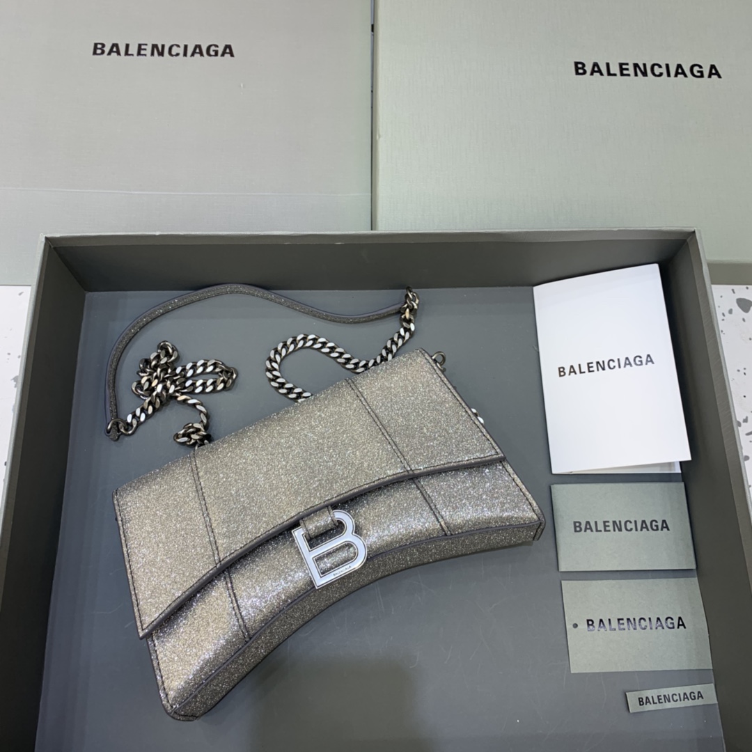 Balenciaga Big Hourglass Wallet With Chain Shoulder Bag Silver Gray